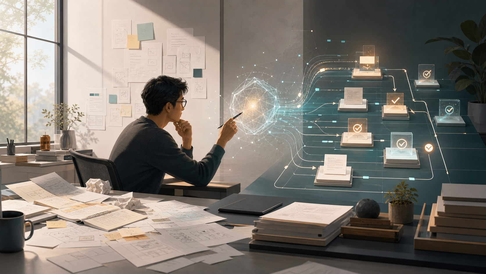 封面图：知识工作者把散乱材料转化为可检查的 AI 工作流